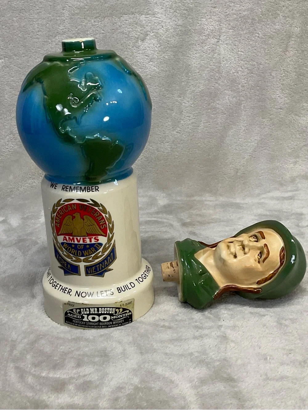 1975 Vtg Old Mr. Boston AMVETS Figural Liquor Decanter With Soldier Head